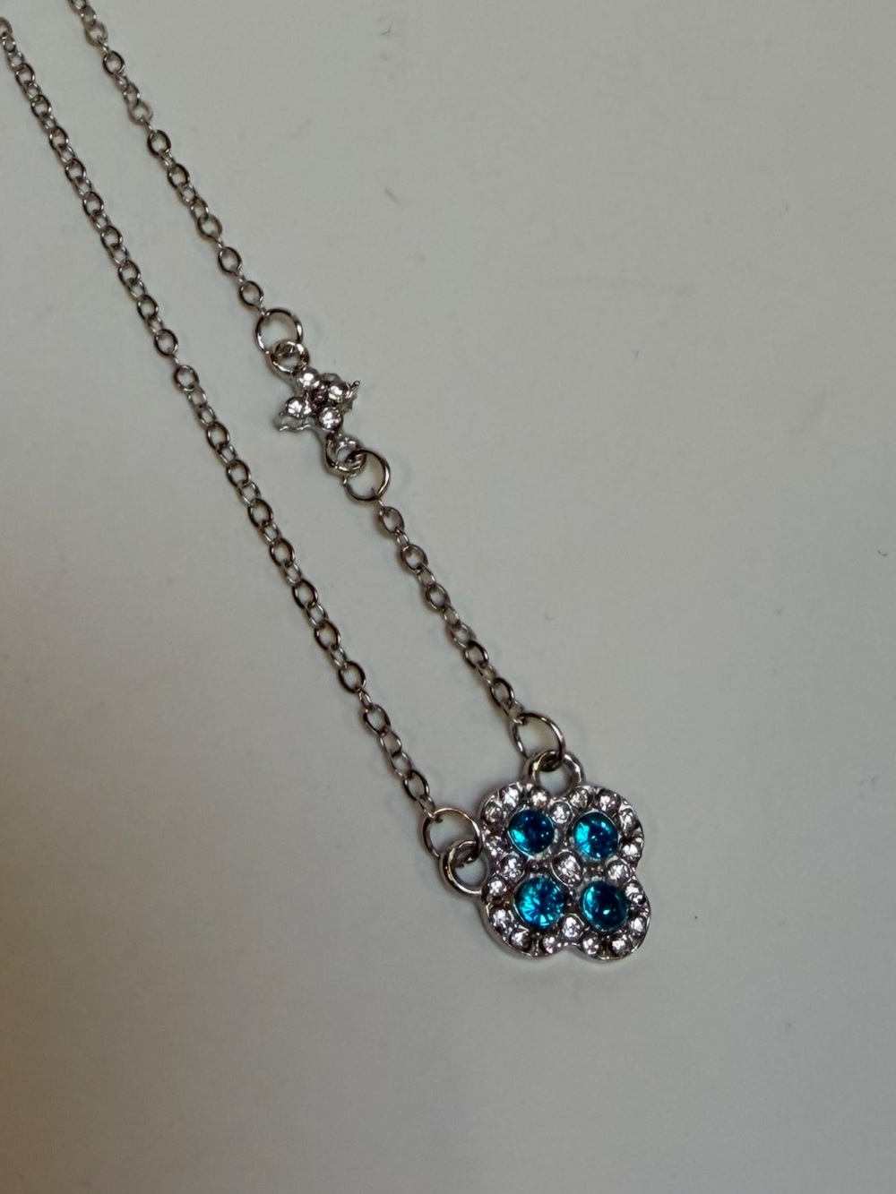Silver Clover / Flower Necklace with Blue & Clear Rhinestones NWOT
